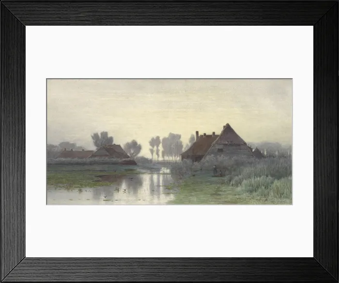 Framed Print : Farmers Homes on the Water in Morning Mist, by Paul Gabriel, c. 1848-1903, Dutch watercolor painting of a rural village with two people in the mid-ground. (BSLOC_2016_1_4)