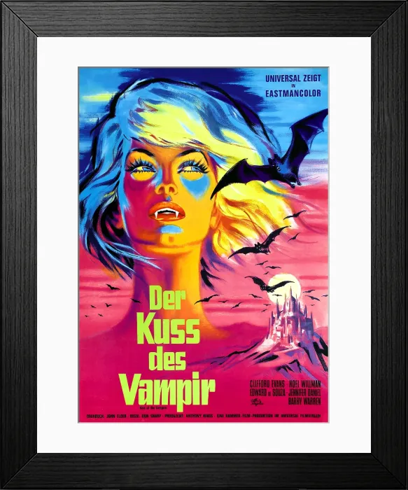 Framed Print : THE KISS OF THE VAMPIRE, (aka KISS OF THE VAMPIRE'), German poster art, 1963