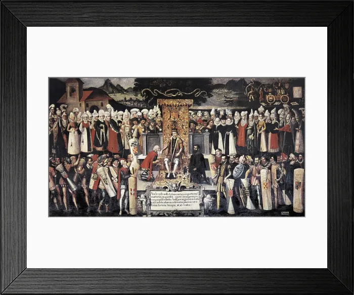 Framed Print : MENDIETA Y RETES, Francisco de (16th century). Hand-kissing following the Oath to the Privileges by King Ferdinand the Catholic. 1609. SPAIN. Guernica. Casa de Juntas Framed Print : MENDIETA Y RETES, Francisco de (16th century). Hand-kissing following the Oath to the Privileges by King Ferdinand the Catholic. 1609. SPAIN. Guernica. Casa de Juntas