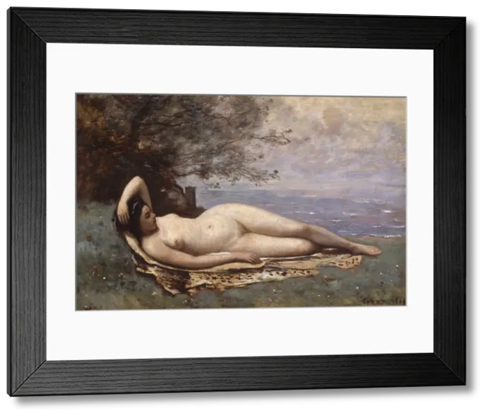 Framed Print : BACCANTE BY THE SEA, by Camille Corot, 1865, French painting, oil on wood. Corot painted figures with a naturalness that places them near the realist school