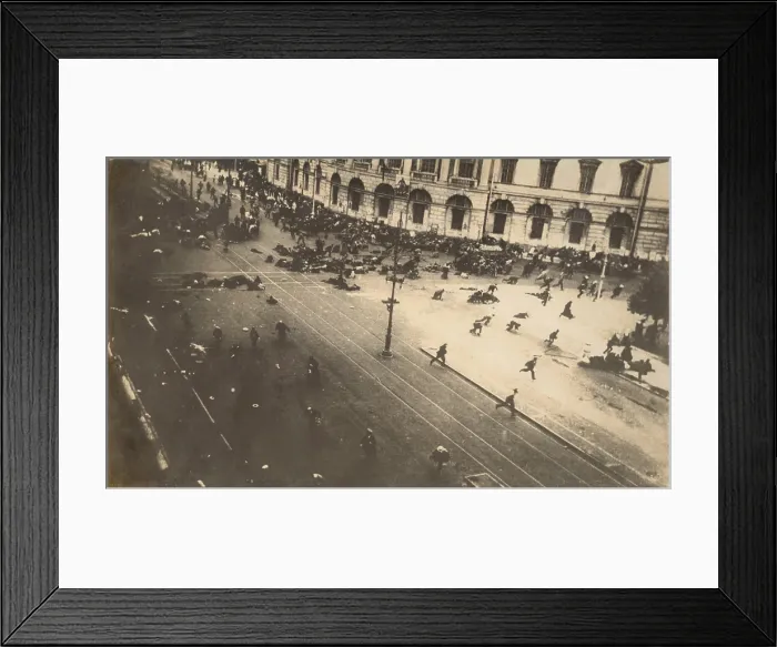 Framed Print : Street demonstrators fired on by troops of the Provisional Government from the roof of the Public Library. Nevsky Prospect, Petrograd. July 4, 1917