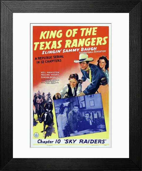 Framed Print : KING OF THE TEXAS RANGERS, US poster, top from left: Frank Darian, Sammy Baugh, Pauline Moore, bottom from left: Pauline Moore, Duncan Renaldo, Sammy Baugh, 1941