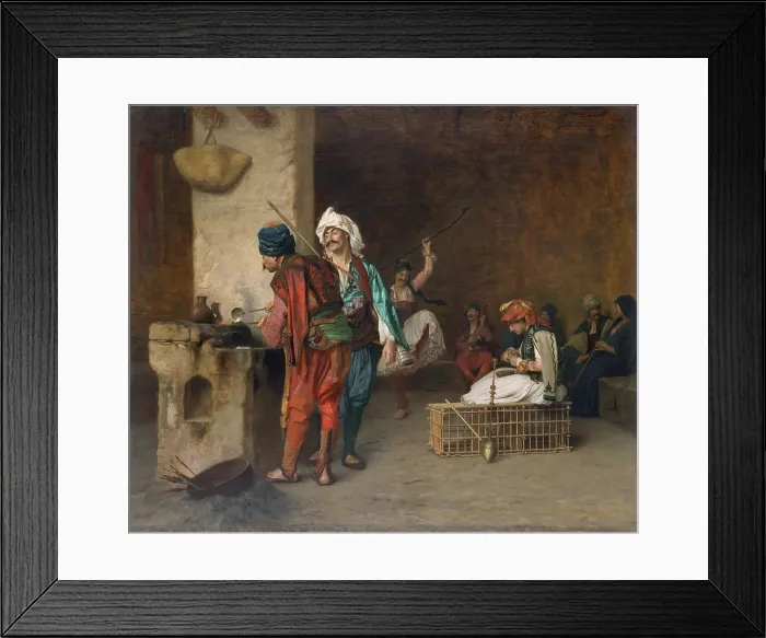 Framed Print : CAF HOUSE, CAIRO, (CASTING BULLETS), by Jean-Leon Gerome, 1884, French painting, oil on canvas. Bashi-bazouks, mercenary soldiers in the Ottoman army, depicted in a Cairo cafe