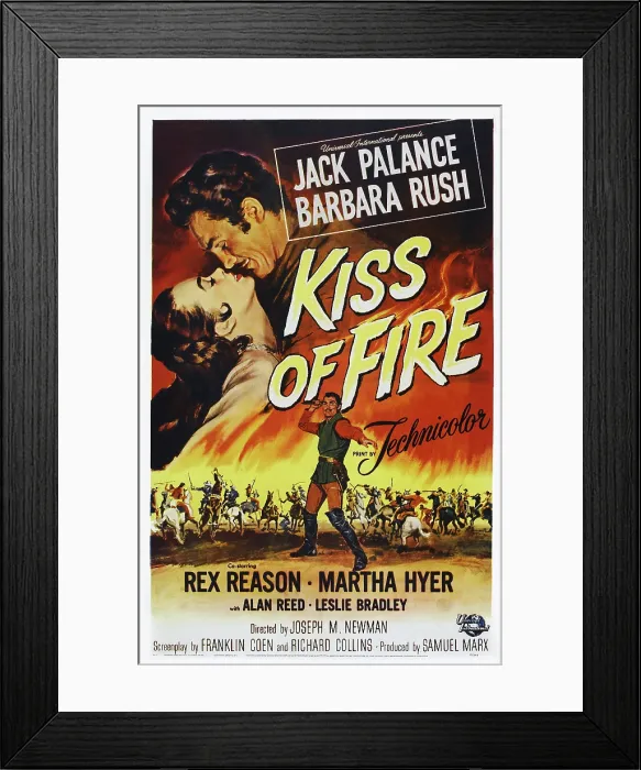 Framed Print : KISS OF FIRE, l-r: Barbara Rush, Jack Palance on poster art, 1955 Framed Print : KISS OF FIRE, l-r: Barbara Rush, Jack Palance on poster art, 1955