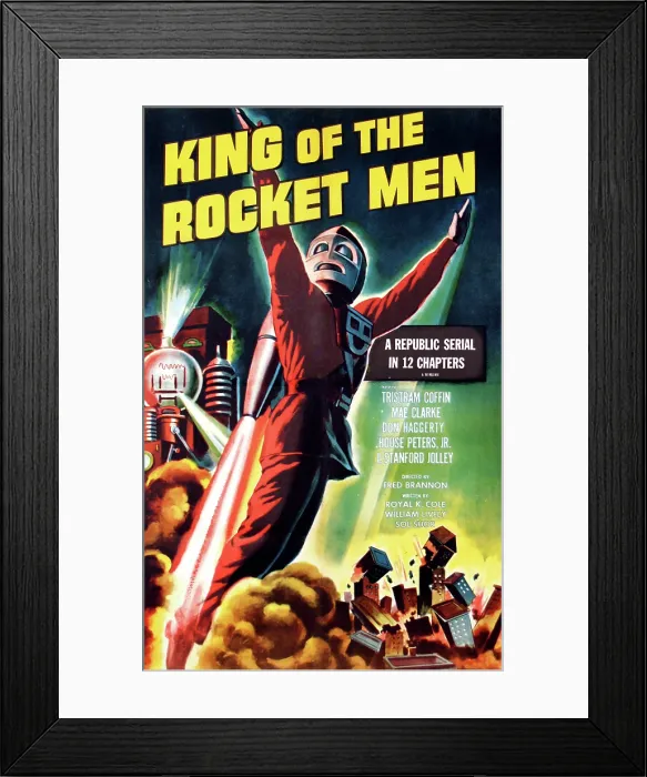 Framed Print : KING OF THE ROCKET MEN, Tristram Coffin (in the rocket suit') on a 1956 re-issue 1-sheet poster, 1949