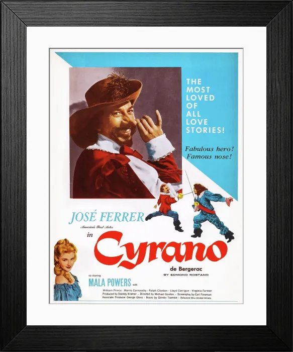 Framed Print : CYRANO DE BERGERAC, top and center left: Jose Ferrer, bottom: Mala Powers on poster art, 1950