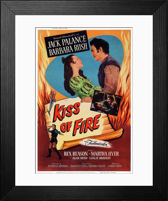 Framed Print : KISS OF FIRE, US poster, top from left: Barbara Rush, Jack Palance, center from left: Rex Reason, Jack Palance, Jack Palance (bottom), 1955 Framed Print : KISS OF FIRE, US poster, top from left: Barbara Rush, Jack Palance, center from left: Rex Reason, Jack Palance, Jack Palance (bottom), 1955
