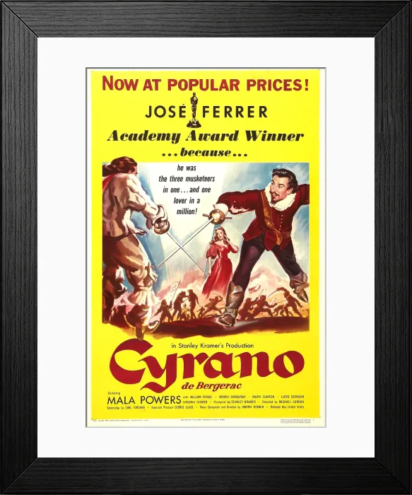 Framed Print : CYRANO DE BERGERAC, US poster, Jose Ferrer (right), bottom: Mala Powers (center), 1950
