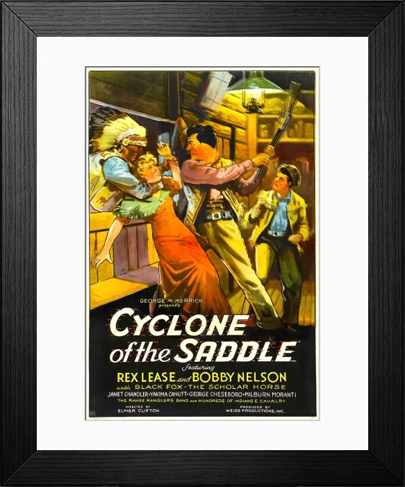 Framed Print : CYCLONE OF THE SADDLE, center right: Rex Lease, far right: Bobby Nelson, 1935 Framed Print : CYCLONE OF THE SADDLE, center right: Rex Lease, far right: Bobby Nelson, 1935