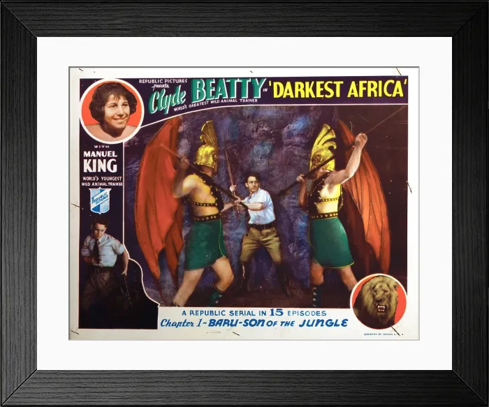 Framed Print : DARKEST AFRICA, lobbycard, Chapter 1: Baru - Son of the Jungle, Manuel King (top left), Clyde Beatty (bottom left, and inset, center), 1936