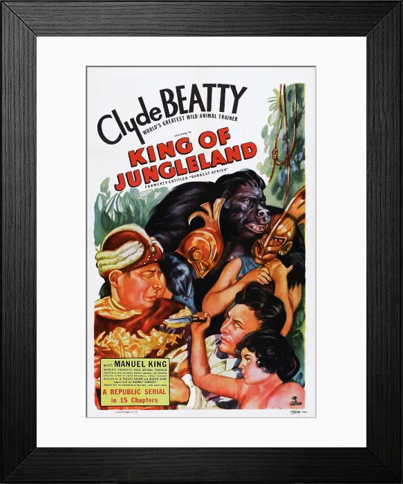 Framed Print : KING OF JUNGLELAND, (aka DARKEST AFRICA), bottom second from right: Clyde Beatty, bottom: Manuel King on poster art, 1936 Framed Print : KING OF JUNGLELAND, (aka DARKEST AFRICA), bottom second from right: Clyde Beatty, bottom: Manuel King on poster art, 1936
