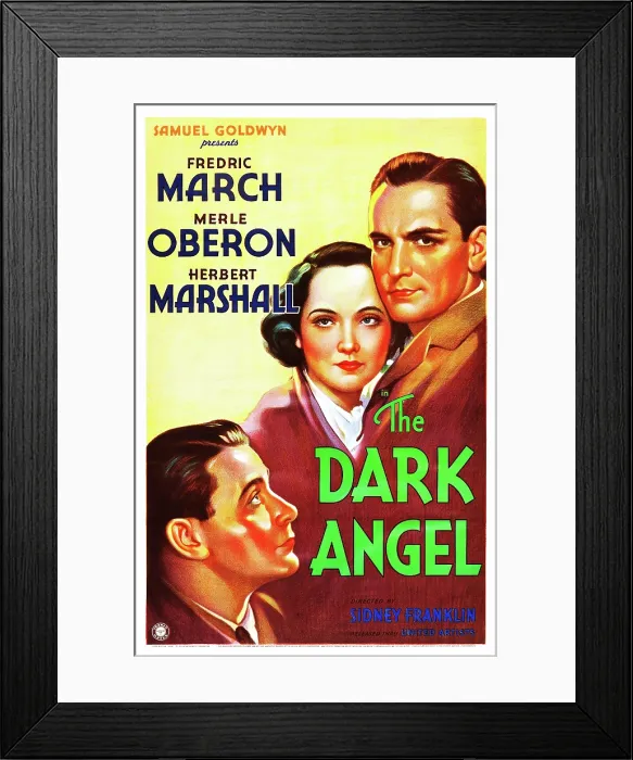 Framed Print : THE DARK ANGEL, from lower left: Herbert Marshall, Merle Oberon, Fredric March on poster art, 1935 Framed Print : THE DARK ANGEL, from lower left: Herbert Marshall, Merle Oberon, Fredric March on poster art, 1935