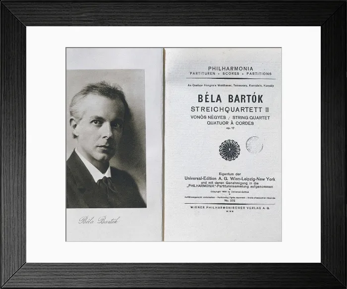 Framed Print : BARTOK, Bela (1881-1945). String Quartet n. 2, op. 17. Frontispiece of the score with the author's portrait. AISA / Everett Collection**US SALES ONLY** Framed Print : BARTOK, Bela (1881-1945). String Quartet n. 2, op. 17. Frontispiece of the score with the author's portrait. AISA / Everett Collection**US SALES ONLY**