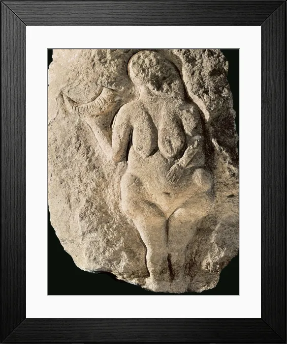 Framed Print : Venus of Laussel. 25 mil. -18 mil. BC. Upper Paleolithic. Solutrean. Relief on rock. FRANCE. Bordeaux. Muse d'Aquitaine (Aquitaine Museum). Proc: FRANCE. LOT-ET-GARONNE