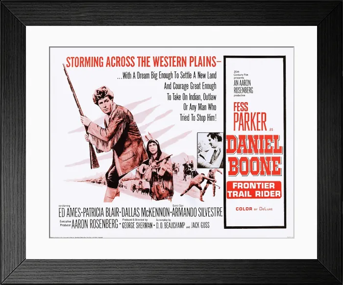 Framed Print : DANIEL BOONE: FRONTIER TRAIL RIDER, US lobbycard, Fess Parker, (left), 1966. TM & Copyright 20th Century Fox-Film Corp. All rights reserved / courtesy Everett Collection Framed Print : DANIEL BOONE: FRONTIER TRAIL RIDER, US lobbycard, Fess Parker, (left), 1966. TM & Copyright 20th Century Fox-Film Corp. All rights reserved / courtesy Everett Collection