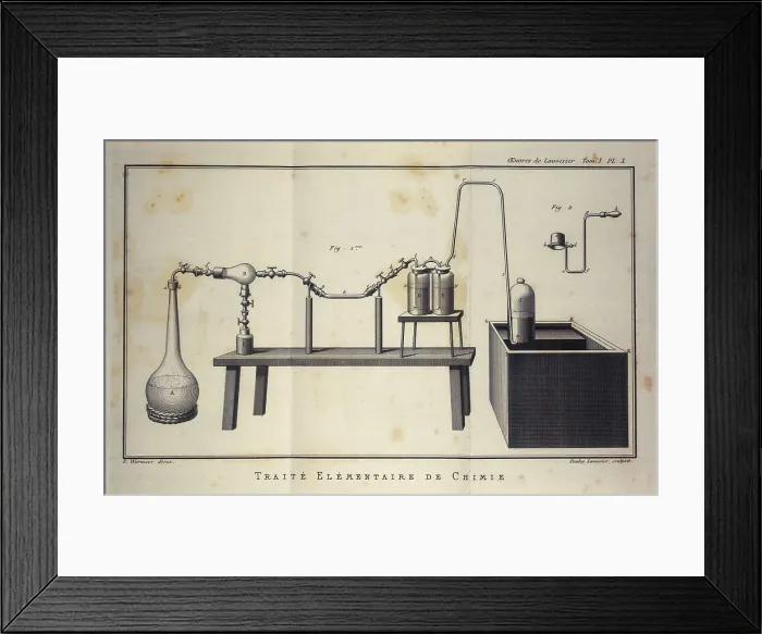 Framed Print : Lavoisier, Antoine-Laurent (1743-1794). Illustration of scientific equipment from Lavoisier's 'Trait elementaire de chimie' (Elementary Treatise of Chemistry) Framed Print : Lavoisier, Antoine-Laurent (1743-1794). Illustration of scientific equipment from Lavoisier's 'Trait elementaire de chimie' (Elementary Treatise of Chemistry)