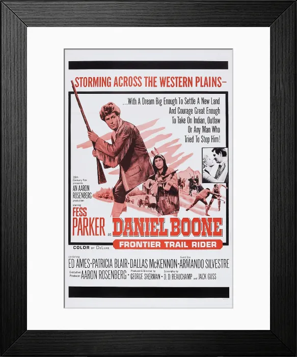 Framed Print : DANIEL BOONE: FRONTIER TRAIL RIDER, US poster art, left: Fess Parker; right inset: Patricia Blair, Fess Parker, 1966. TM & Copyright 20th Century Fox-Film Corp Framed Print : DANIEL BOONE: FRONTIER TRAIL RIDER, US poster art, left: Fess Parker; right inset: Patricia Blair, Fess Parker, 1966. TM & Copyright 20th Century Fox-Film Corp