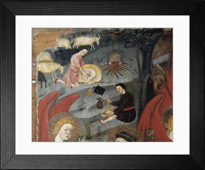 Framed Print : TORA, Master of (14th century). Annunciation to St. Joachim and St. Anne of the Birth of the Virgin Mary. 14th c. Detail of shephers preparing a meal. Gothic art. Oil on wood