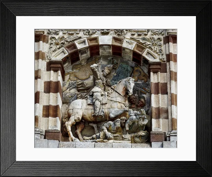 Framed Print : CID, Rodrigo Daz de Vivar, called The (1043-1099). Front door of the monastery depicting The Cid on his horse Babieca fighting against the Sarracens. Relief on rock. SPAIN