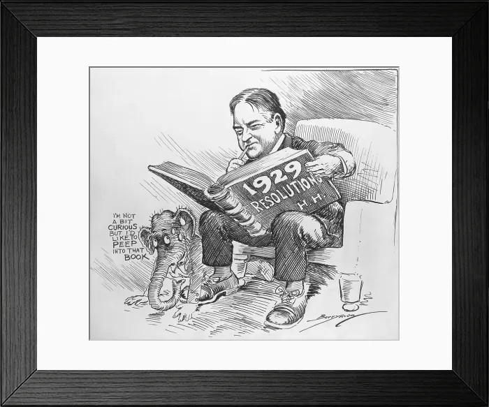 Framed Print : President-Elect Herbert Hoover reading a book entitled 1929 Resolutions, H.H. A worried GOP elephant looks on, wondering what he plans to do