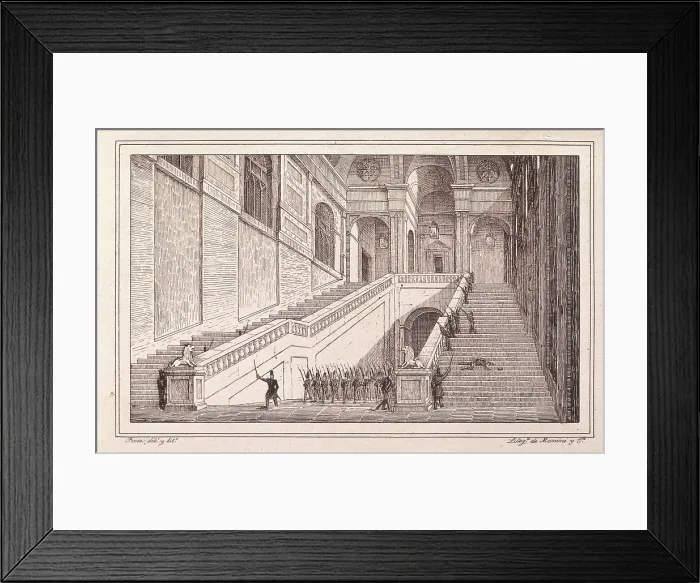 Framed Print : Spain (1822). Liberal Triennium. Madrid (7th July 1822). The staircase of the Palace the night of 7th July. Etching. SPAIN. Madrid. National Library Framed Print : Spain (1822). Liberal Triennium. Madrid (7th July 1822). The staircase of the Palace the night of 7th July. Etching. SPAIN. Madrid. National Library