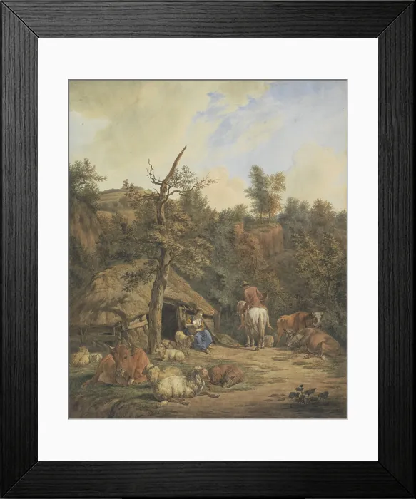 Framed Print : Shepherd, Shepherdess, and Cattle Resting by a Dilapidated Barn, 1820-72. Dutch watercolor by Hendrik Abraham Klinkhamer and Adriaen van de Velde. (BSLOC_2016_1_5)