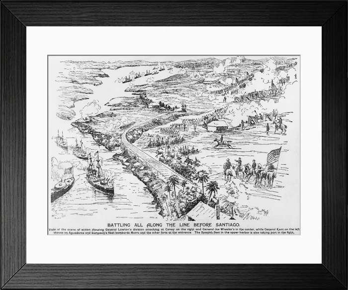 Framed Print : Birdseye view of the Santiago Campaign of the Spanish American War. The Spanish fleet trapped by US blockade, and US troops are fighting for positions at Santiago de Cuba Framed Print : Birdseye view of the Santiago Campaign of the Spanish American War. The Spanish fleet trapped by US blockade, and US troops are fighting for positions at Santiago de Cuba