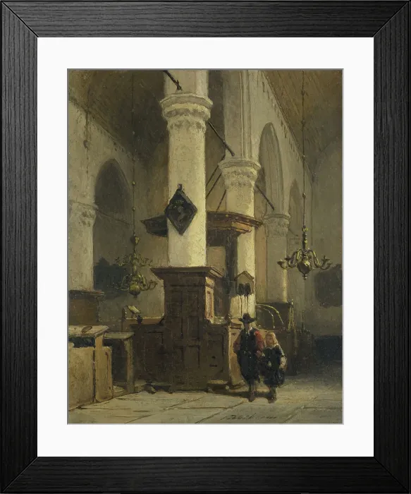 Framed Print : Church Interior, by Johannes Bosboom, 1850-91, Dutch painting, oil on panel. A man and a boy in 17th century clothing walk in the aisle. (BSLOC_2016_1_56)