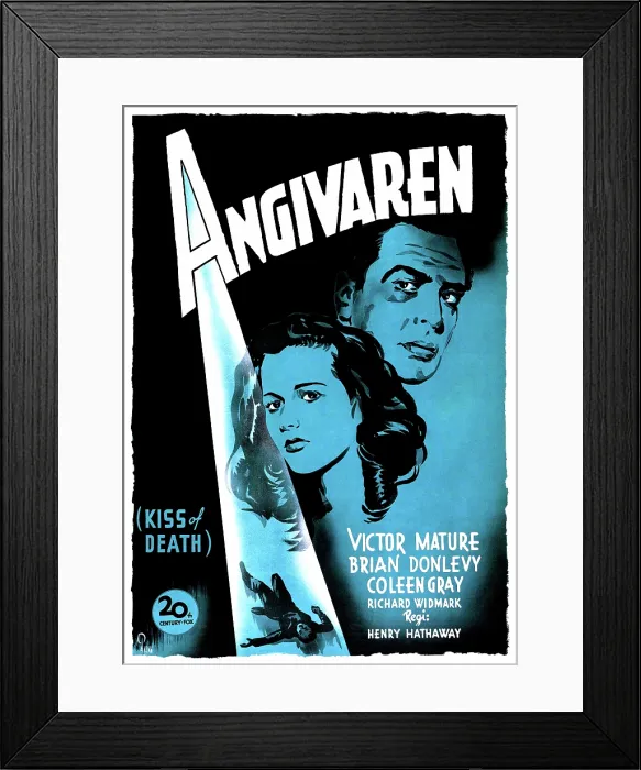 Framed Print : KISS OF DEATH (aka ANGIVAREN), Coleen Gray, Victor Mature, (Swedish poster art), 1947. TM and Copyright 20th Century Fox Film Corp