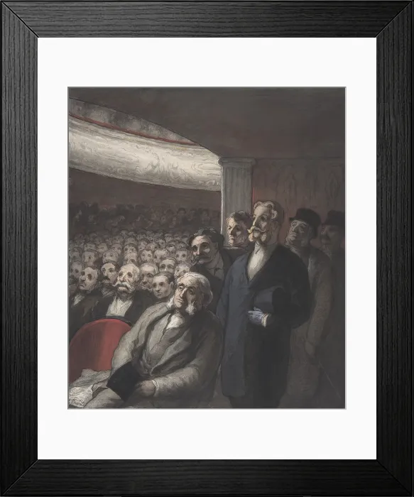 Framed Print : A THEATER AUDIENCE, by Honore Daumier, 1830-1860, American watercolor painting. An all male theater audience, sitting and standing as they gaze toward the stage