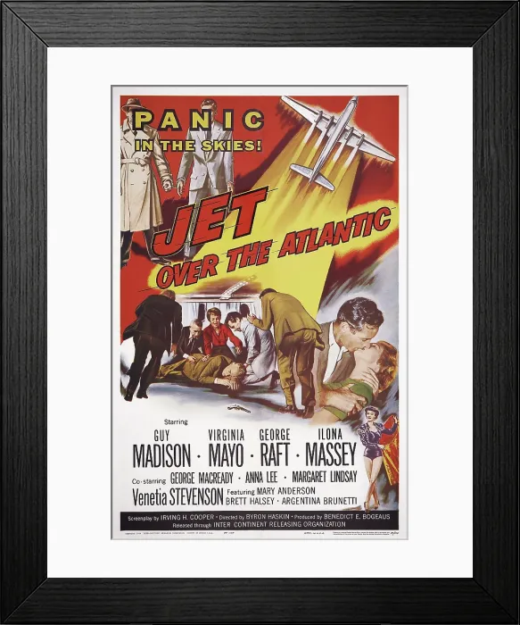 Framed Print : JET OVER THE ATLANTIC, l-r: Guy Madison, Virginia Mayo on poster art, 1959