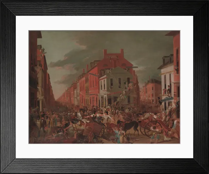 Framed Print : MOVING DAY IN OLD NEW YORK, by Unknown Artist, 1827, American painting, oil on wood panel