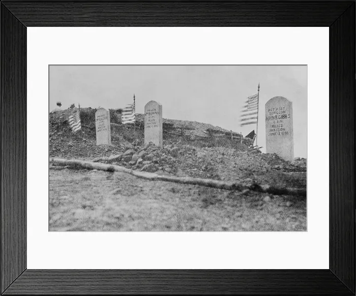 Framed Print : Graves of three of the six Marines killed in the Battle of Camp McCalla at Guantanamo, June 14, 1898
