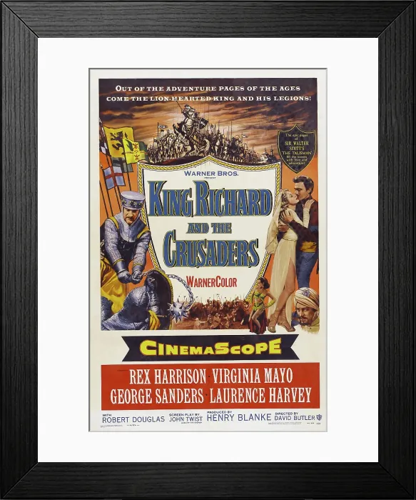 Framed Print : KING RICHARD AND THE CRUSADERS, l-r: George Sanders, Virginia Mayo, Laurence Harvey, bottom: Rex Harrison on poster art, 1954