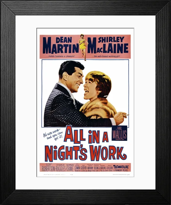 Framed Print : ALL IN A NIGHT'S WORK, US poster, Shirley MacLaine (top), center from left: Dean Martin, Shirley MacLaine, 1961 Framed Print : ALL IN A NIGHT'S WORK, US poster, Shirley MacLaine (top), center from left: Dean Martin, Shirley MacLaine, 1961