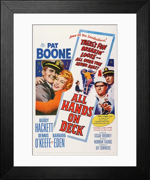 Framed Print : ALL HANDS ON DECK, l-r: Pat Boone, Barbara Eden, Buddy Hackett, Dennis O'Keefe on poster art, 1961, TM and Copyright 20th Century Fox Film Corp