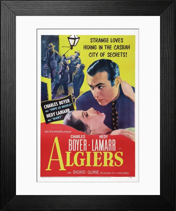Framed Print : ALGIERS, US poster art, from left: Hedy Lamarr, Charles Boyer, 1938