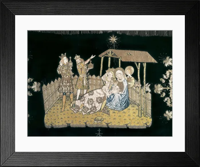Framed Print : Embroidered altar frontal with the Adoration of the Kings. s.XV. Gothic art. Tapestry. SPAIN. Vic. Vic Episcopal Museum. Proc: SPAIN. Sant Joan de les Abadesses