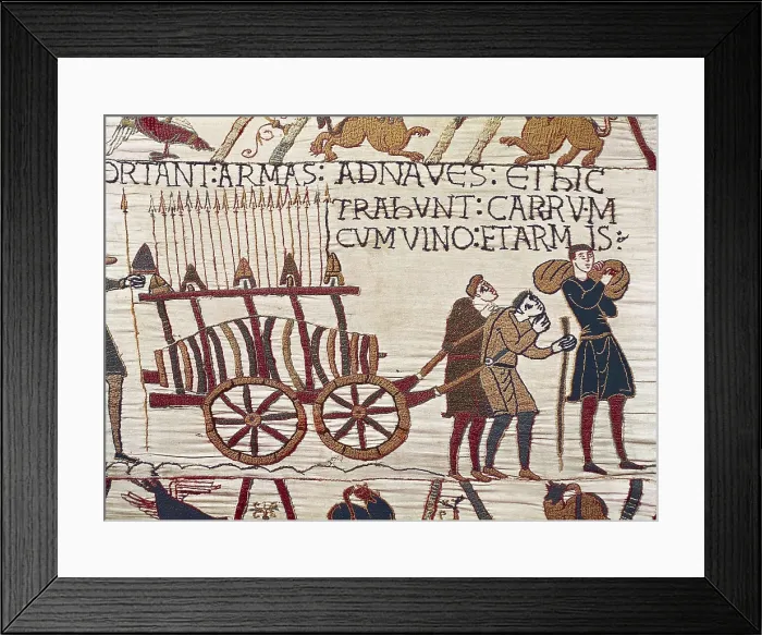 Framed Print : Bayeux Tapestry. 1066-1077. Transport of weapons and wine on a cart. Detail. Romanesque art. Tapestry. FRANCE. Bayeux. Archaeological Museum