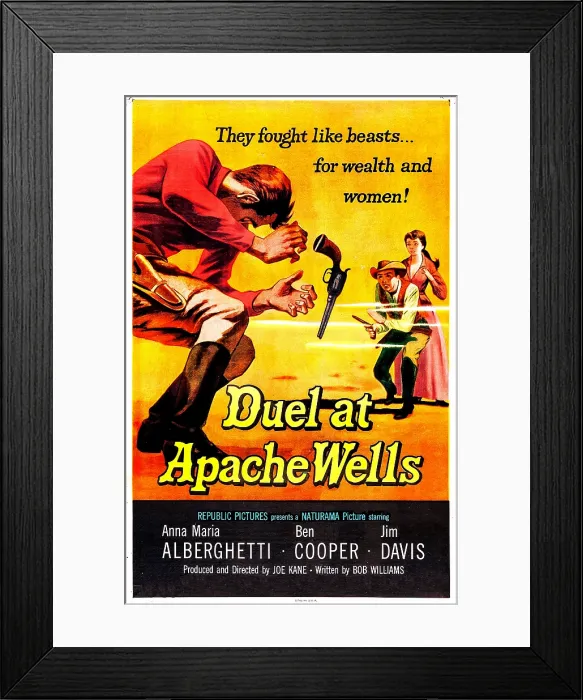 Framed Print : DUEL AT APACHE WELLS, US poster, from left: Jim Davis, Ben Cooper, Anna Maria Alberghetti, 1957 Framed Print : DUEL AT APACHE WELLS, US poster, from left: Jim Davis, Ben Cooper, Anna Maria Alberghetti, 1957