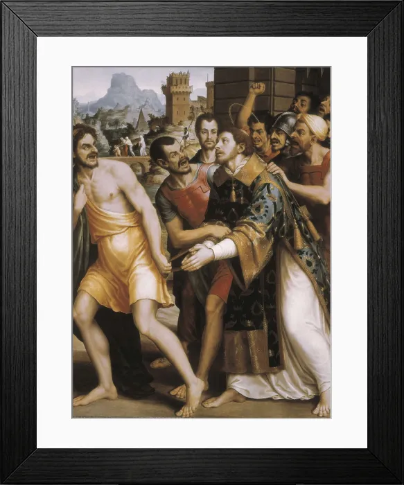Framed Print : JUANES, Juan de (1523-1579). St. 1560 - 1565. Behind the Saint's group and the executioners appears Saul. Representation of the chapter 4, Acts of the Apostles