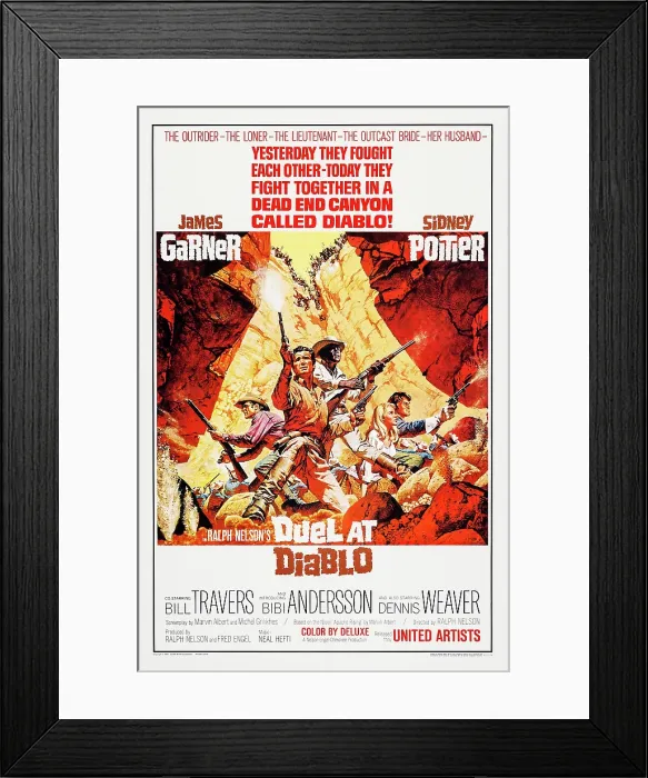 Framed Print : DUEL AT DIABLO, US poster art, from left: Dennis Weaver, James Garner, Sidney Poitier, Bibi Andersson, Bill Travers, 1966 Framed Print : DUEL AT DIABLO, US poster art, from left: Dennis Weaver, James Garner, Sidney Poitier, Bibi Andersson, Bill Travers, 1966