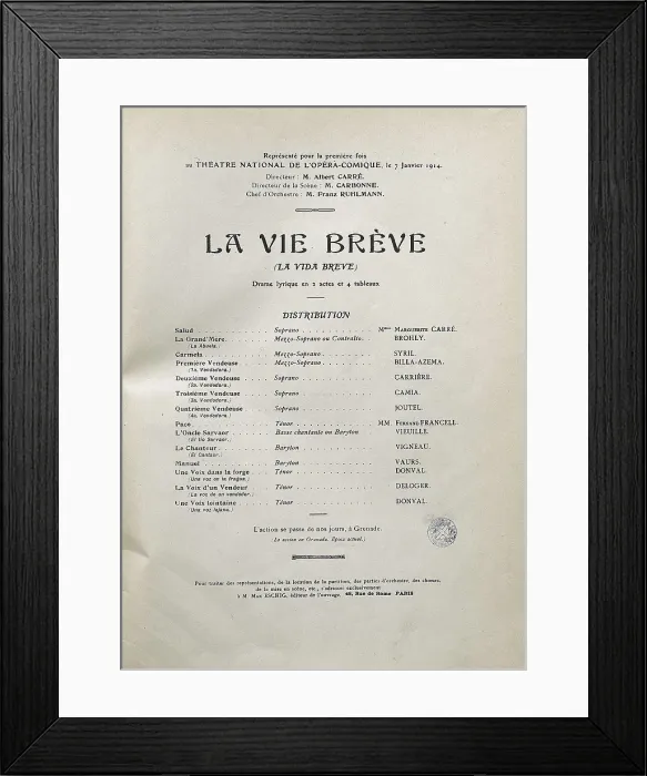 Framed Print : Programme and repertoire of the first performance of 'La vida breve' (Life is Short) by Manuel Falla