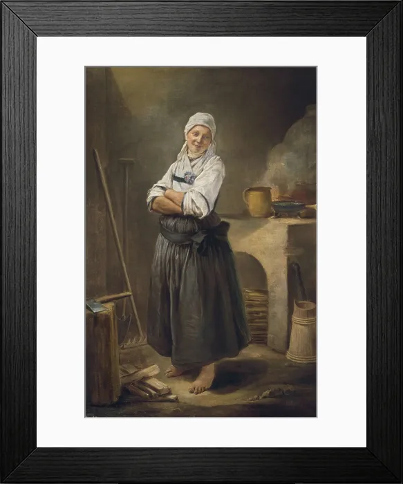 Framed Print : HUTIN, Charles Franois (1715-1776). A Saxon Villager in her Kitchen. 1756. A woman with her arms crossed next to the stove of the kitchen. Naturalism. Oil on canvas. SPAIN