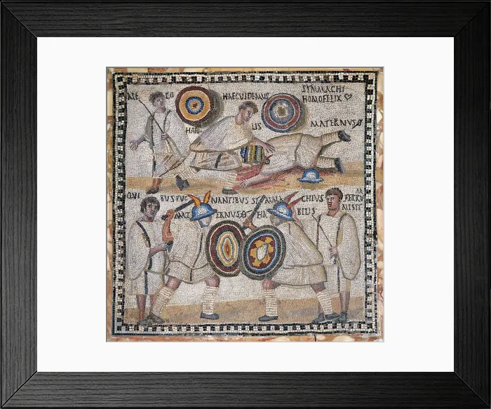 Framed Print : Amphitheatre scene. Gladiators (4th c.). Roman art. Late Empire. Mosaic. SPAIN. Madrid. National Museum of Archaeology. AISA / Everett Collection**US SALES ONLY**