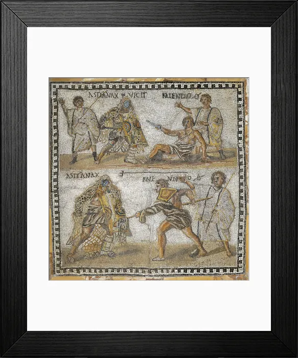 Framed Print : Gladiator Fight. 4th c. Roman art. Late Empire. Mosaic. SPAIN. Madrid. National Museum of Archaeology. AISA / Everett Collection**US SALES ONLY**