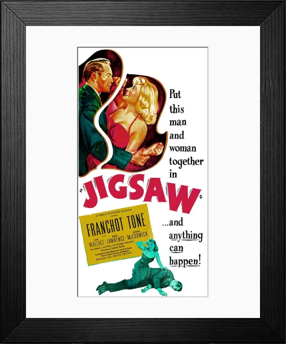 Framed Print : JIGSAW, US poster, top from left: Franchot Tone, Jean Wallace, 1949