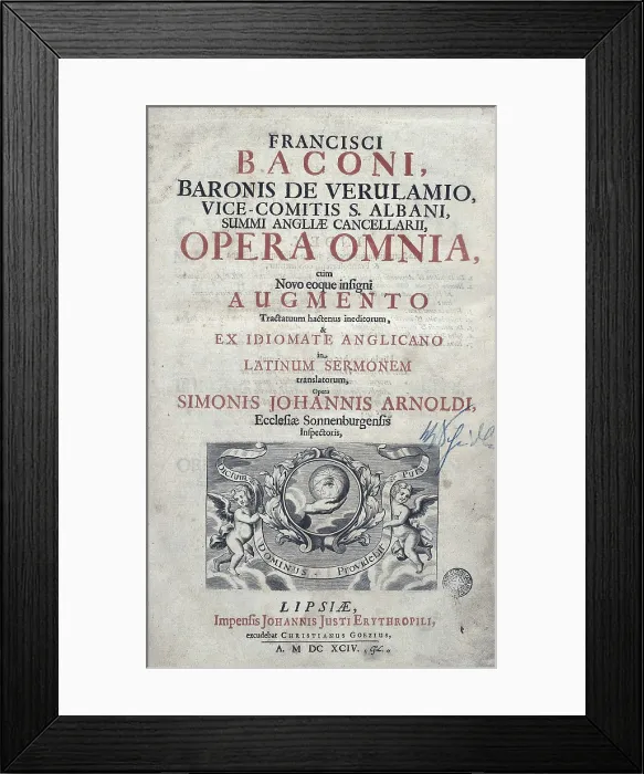 Framed Print : BACON, Francis (1561-1626). 'Opera Omnia' by Francis Bacon. Cover. Published in Leipzig (1694). SPAIN. Barcelona