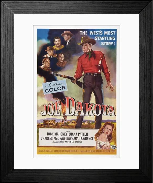 Framed Print : JOE DAKOTA, US poster art, from top: Jock Mahoney, Claude Akins, Charles McGraw, Lee Van Cleef, Anthony Caruso; top right: Jock Mahoney; bottom right: Luana Patten, 1957
