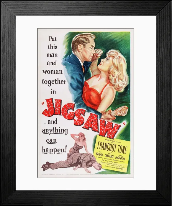 Framed Print : JIGSAW, US poster art, top from left: Franchot Tone, Jean Wallace, 1949 Framed Print : JIGSAW, US poster art, top from left: Franchot Tone, Jean Wallace, 1949
